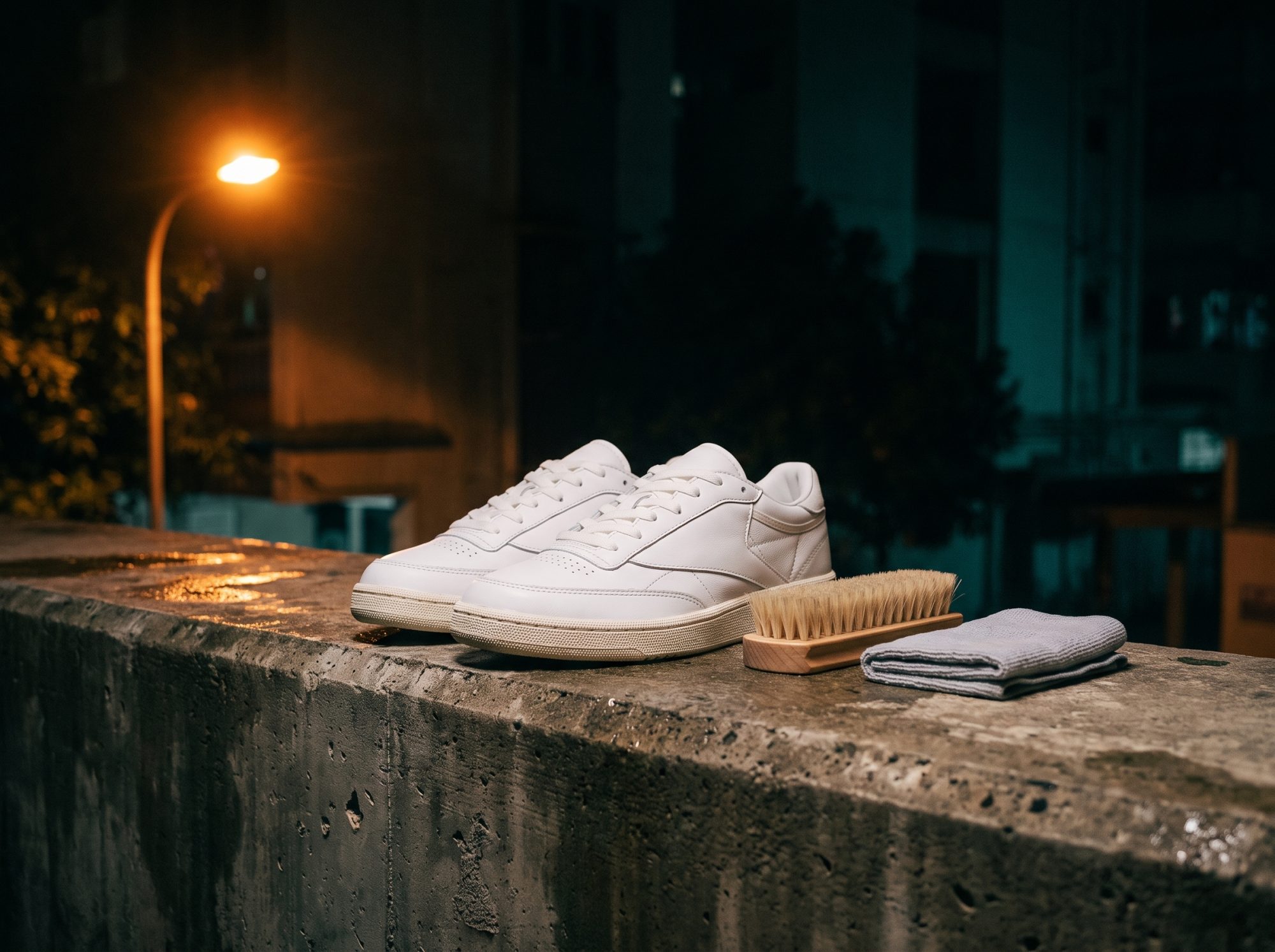 Beton duvar üstünde beyaz deri sneaker, ahşap fırça ve bez